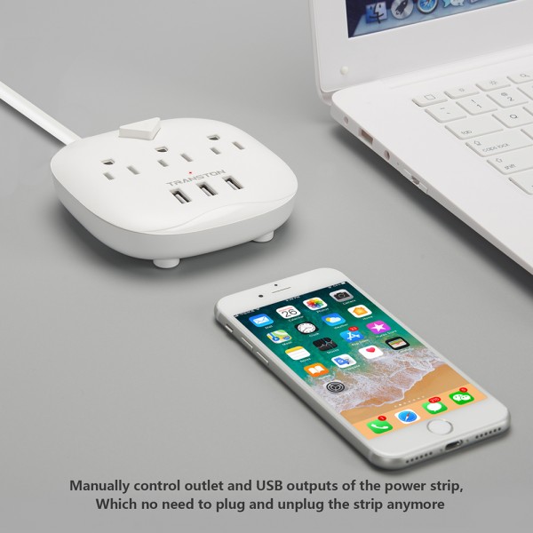 Power Strip with 3 USB & Switch Control, Desktop Charging Station with 5 Feet Cord - White