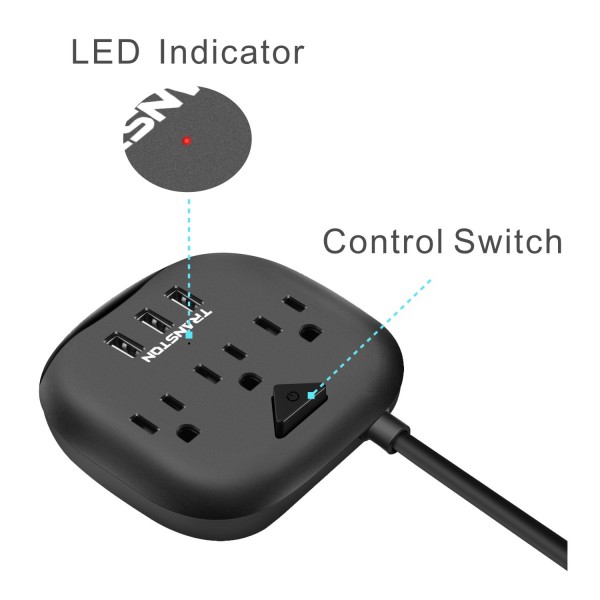 Power Strip with 3 USB & Switch Control, Desktop Charging Station with 5 Feet Cord - Black