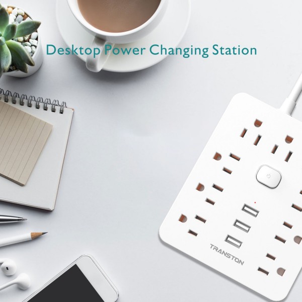 Power Strip with 9 Outlet 3 USB Ports, Fireproof Desktop Charging Station with Flat Plug and 5 ft Long Extension Cords for Home and Office, White