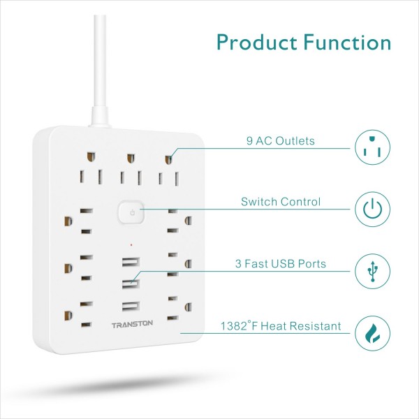 Power Strip with 9 Outlet 3 USB Ports, Fireproof Desktop Charging Station with Flat Plug and 5 ft Long Extension Cords for Home and Office, White
