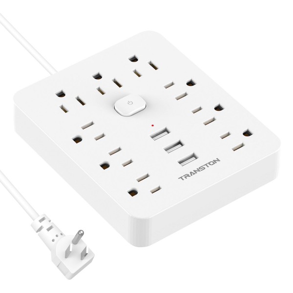 Power Strip with 9 Outlet 3 USB Ports, Fireproof Desktop Charging Station with Flat Plug and 5 ft Long Extension Cords for Home and Office, White