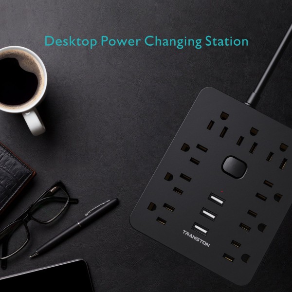 Power Strip with 9 Outlet 3 USB Ports, Fireproof Desktop Charging Station with Flat Plug and 5 ft Long Extension Cords for Home and Office, Black