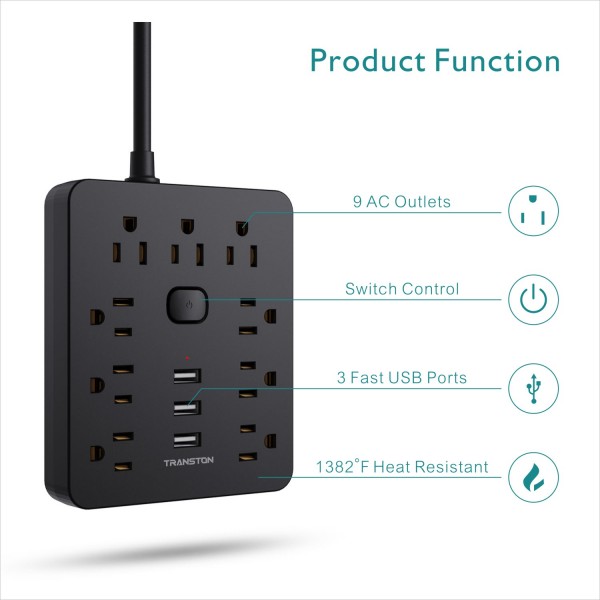 Power Strip with 9 Outlet 3 USB Ports, Fireproof Desktop Charging Station with Flat Plug and 5 ft Long Extension Cords for Home and Office, Black