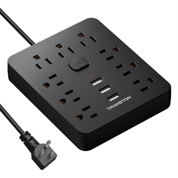 Power Strip with 9 Outlet 3 USB Ports, Fireproof Desktop Charging Station with Flat Plug and 5 ft Long Extension Cords for Home and Office, Black